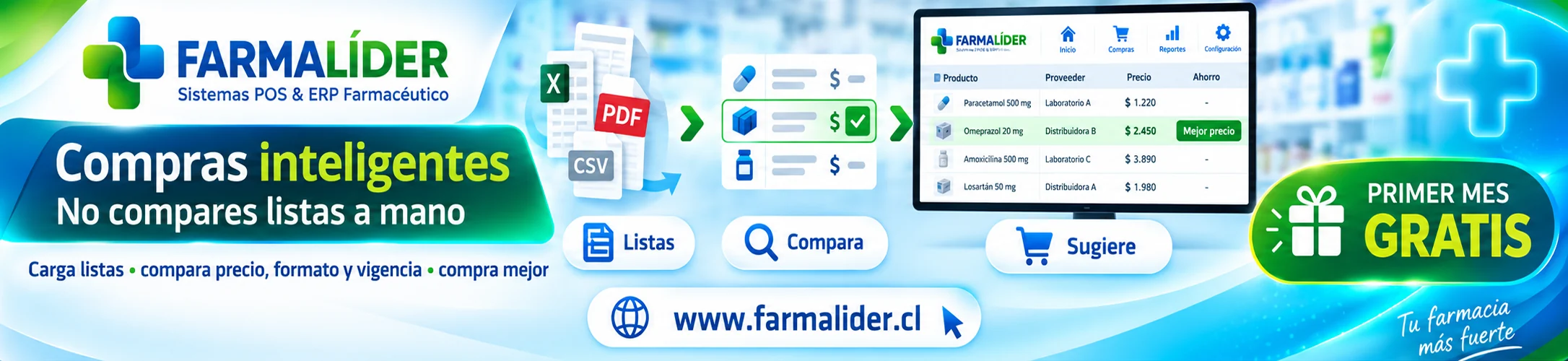 FarmaLíder: compras inteligentes, no compares listas a mano. Carga listas, compara precio, formato y vigencia. Primer mes gratis en farmalider.cl